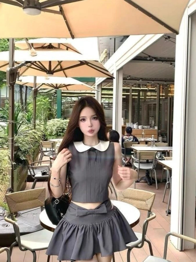 Korean Fashion Doll Collar Sleeveless Tow-piece Set Women's Japanese Sweet New Hot Girl Harajuku Preppy Style Short Skirt Suit