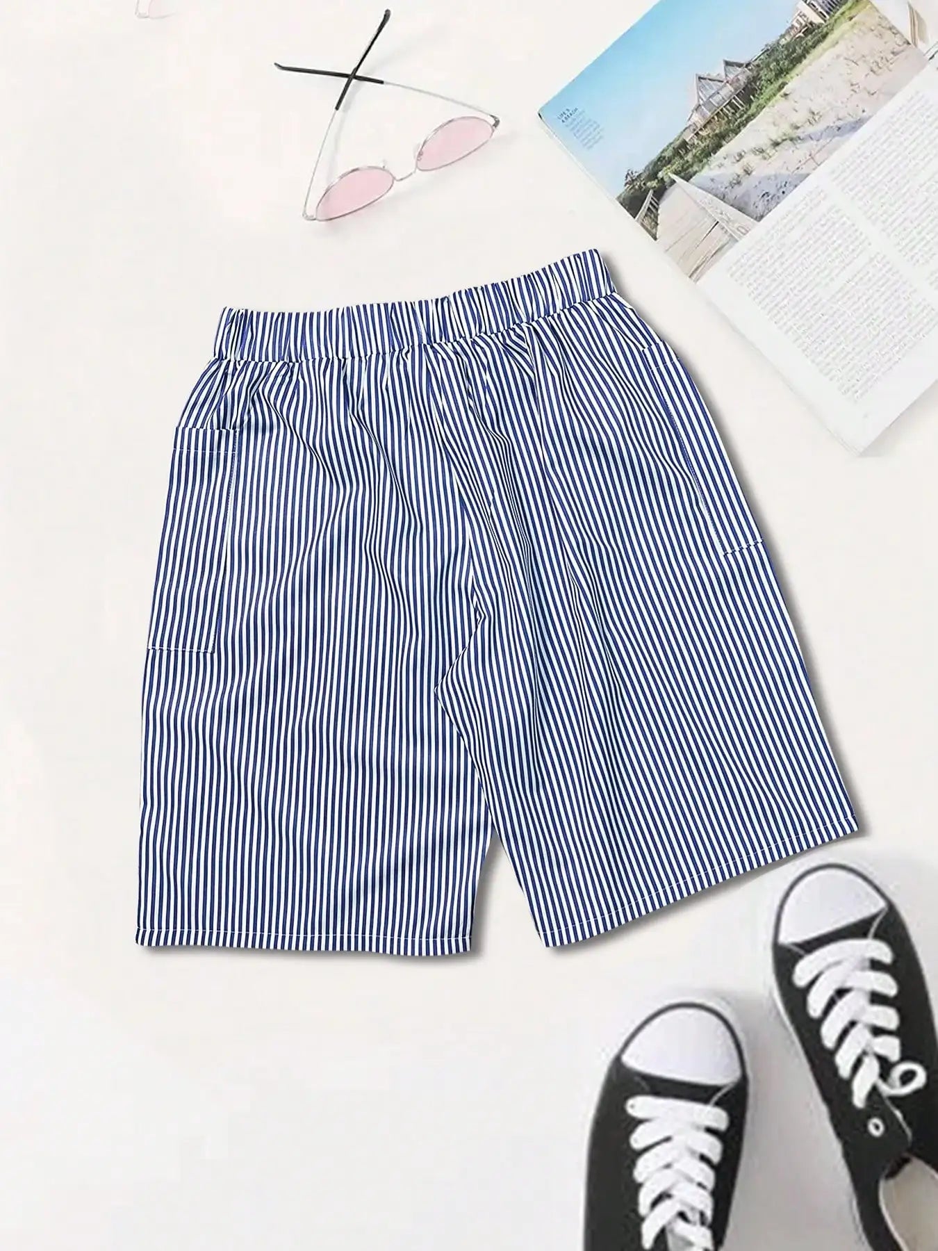 Women's Striped Print High Waist Shorts Casual Elastic Waist Pocket Shorts
