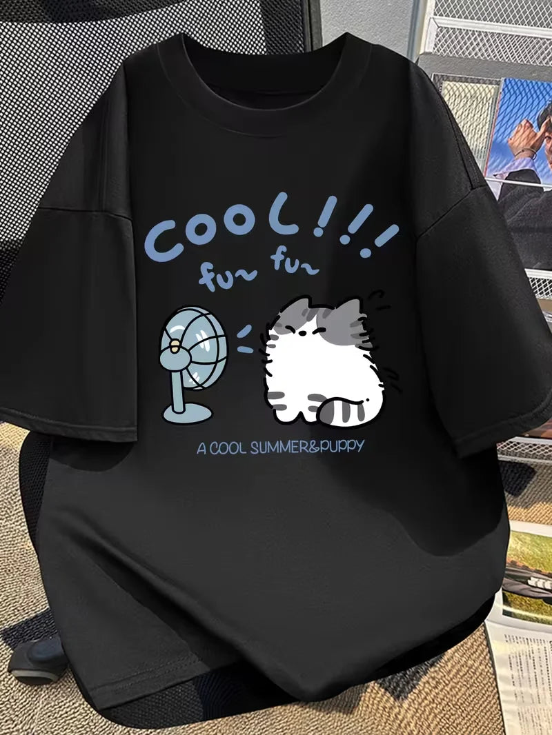 Stylish Unique Cool Cat Fans Short Sleeve T Shirt for Women Cartoon Summer Print Fitted Flattering Fashionable Soft Breathable