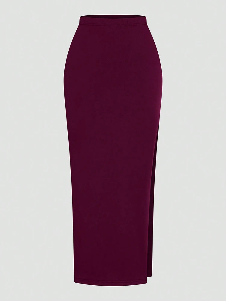 Plus Size Ms. Burgundy Sexy Romantic Urban Woman Sleeveless Neck Swing Neck Top + Split Half Skirt Long Skirt Two Piece Set