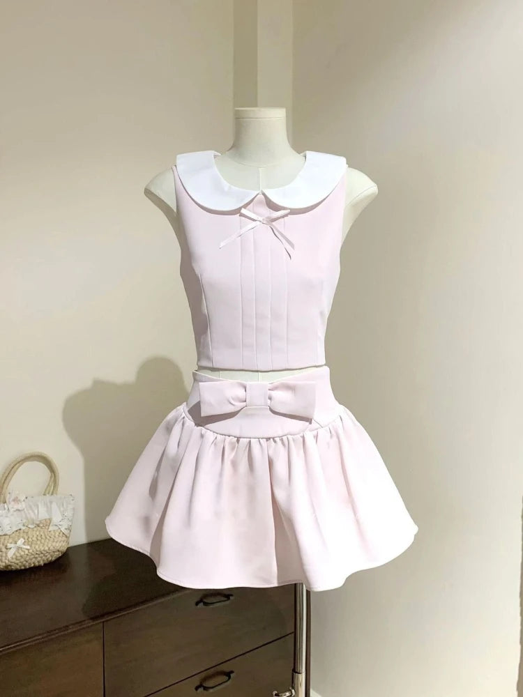 Korean Fashion Doll Collar Sleeveless Tow-piece Set Women's Japanese Sweet New Hot Girl Harajuku Preppy Style Short Skirt Suit