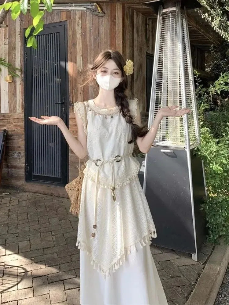 Cutout Tassel Two Piece Set for Women 2026 Summer New Arrival Spaghetti Strap Cami Top High Waist Party Midi Skirt Casual Trendy