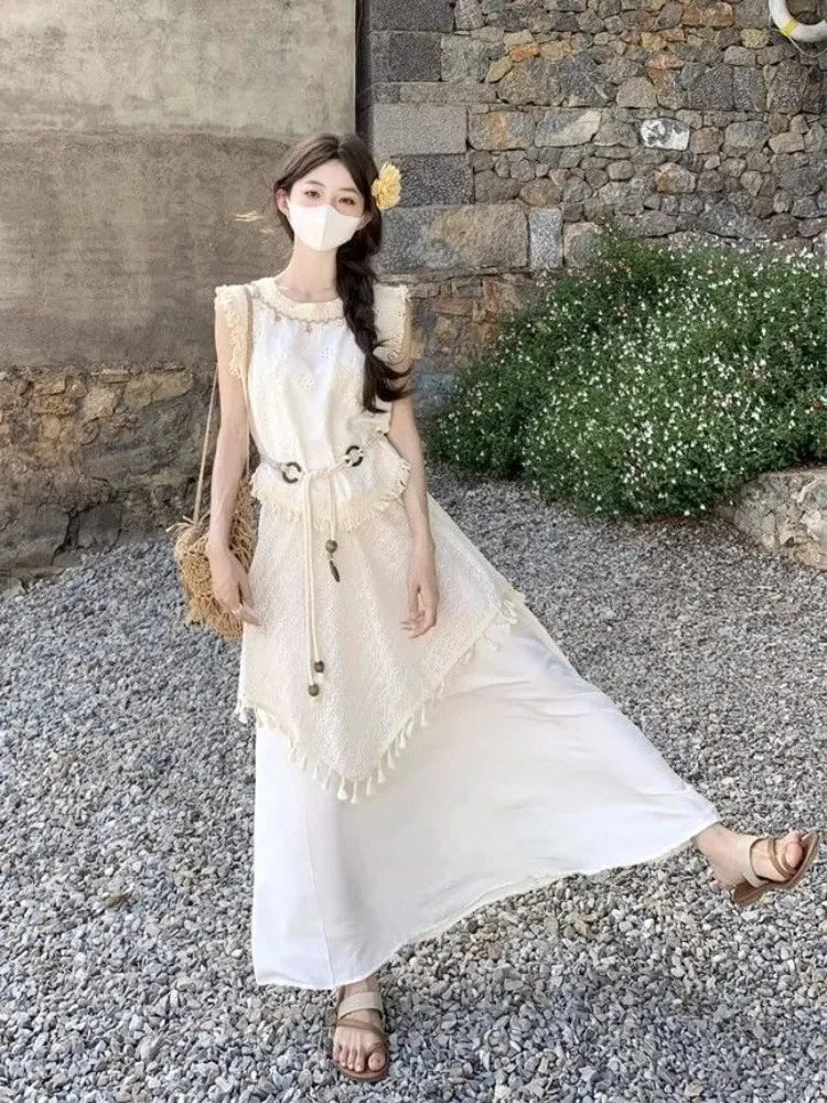 Cutout Tassel Two Piece Set for Women 2026 Summer New Arrival Spaghetti Strap Cami Top High Waist Party Midi Skirt Casual Trendy