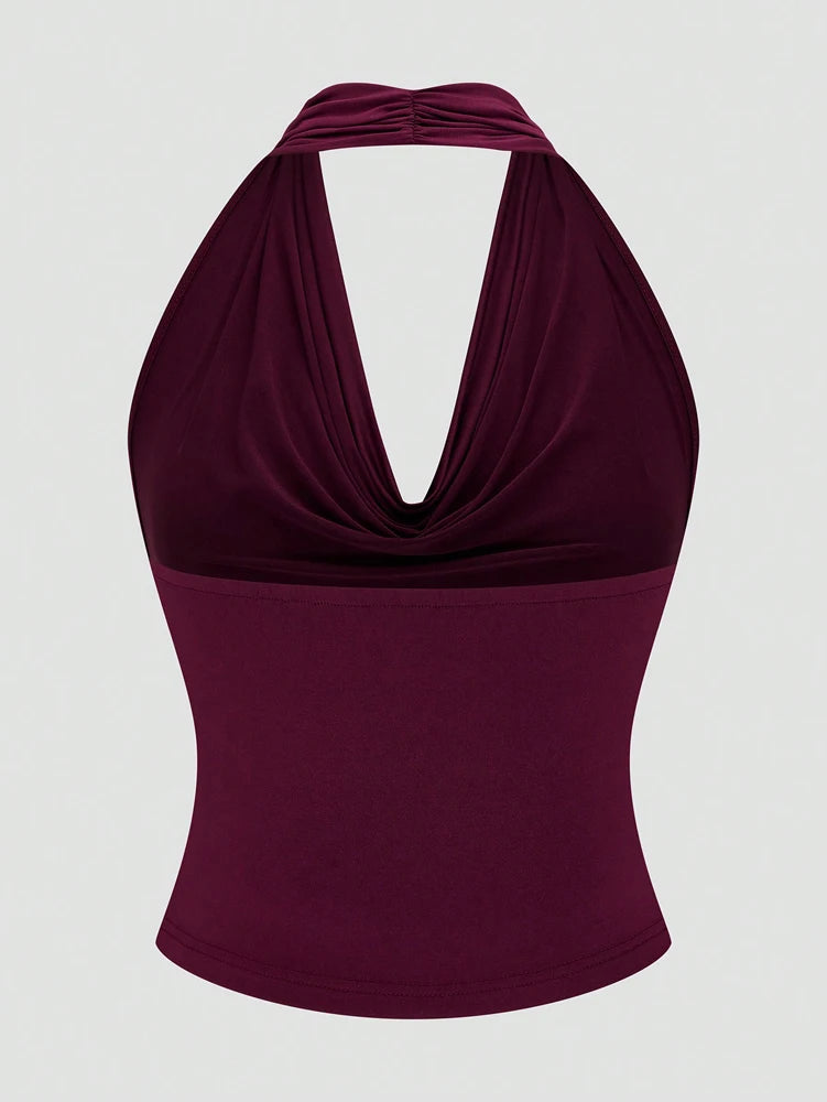 Plus Size Ms. Burgundy Sexy Romantic Urban Woman Sleeveless Neck Swing Neck Top + Split Half Skirt Long Skirt Two Piece Set