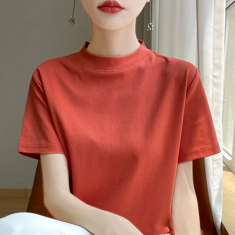 Spring and Autumn New Semi-high-necked Cotton Short-sleeved Women's Stand-up T-shirt Joker Loose Sleeve Top Slim Bottom