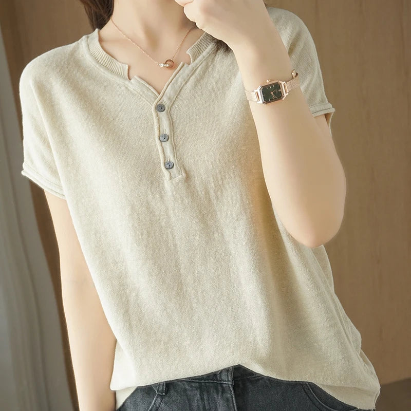 Summer 100% pure cotton women's T-shirt V-neck knitted short sleeved loose Tees solid color pullover button Tops basic versatile