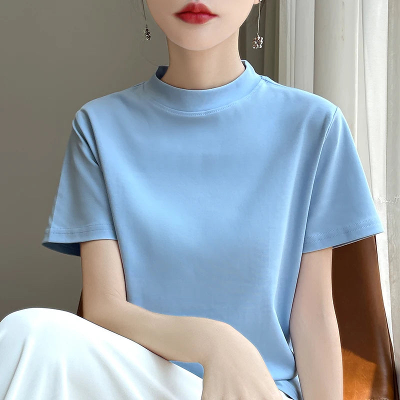 Spring and Autumn New Semi-high-necked Cotton Short-sleeved Women's Stand-up T-shirt Joker Loose Sleeve Top Slim Bottom