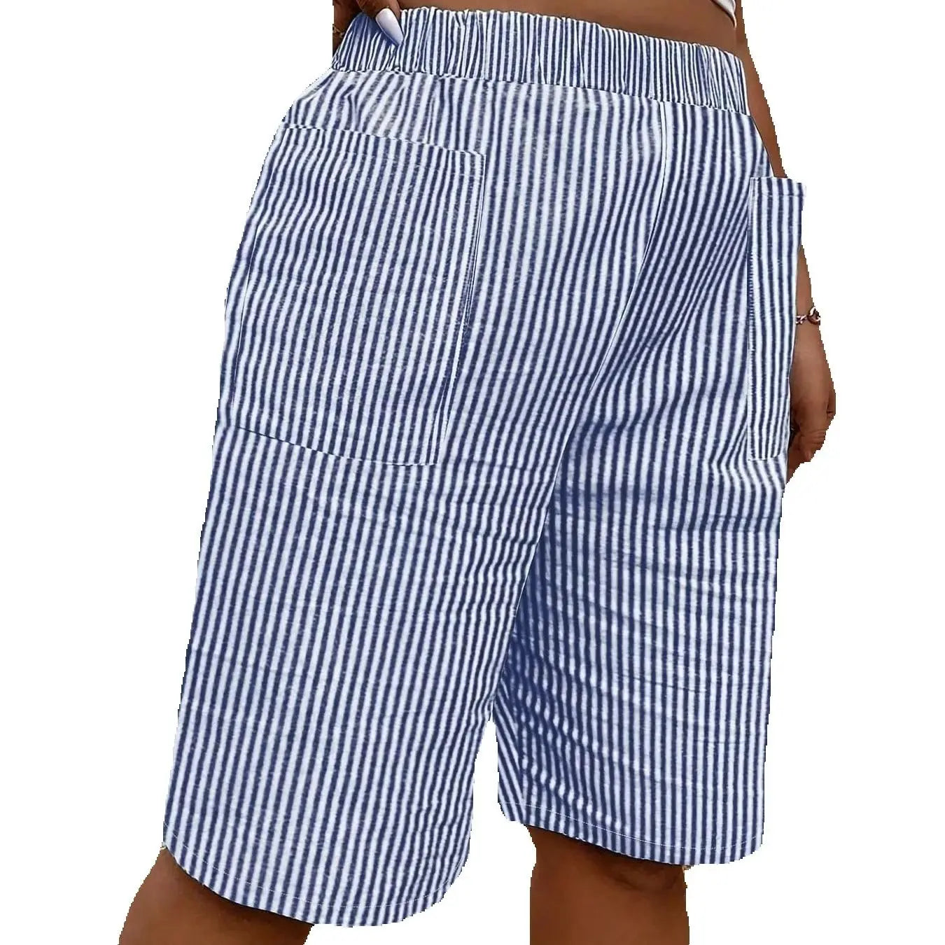 Women's Striped Print High Waist Shorts Casual Elastic Waist Pocket Shorts
