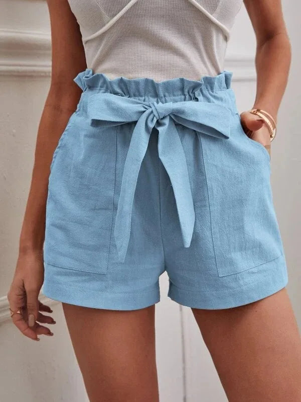 New Spring and Summer Bow Tie Band Loose Women's Casual Shorts with Pockets, Solid Color High Waist Wide Leg Three-Quarter Pants