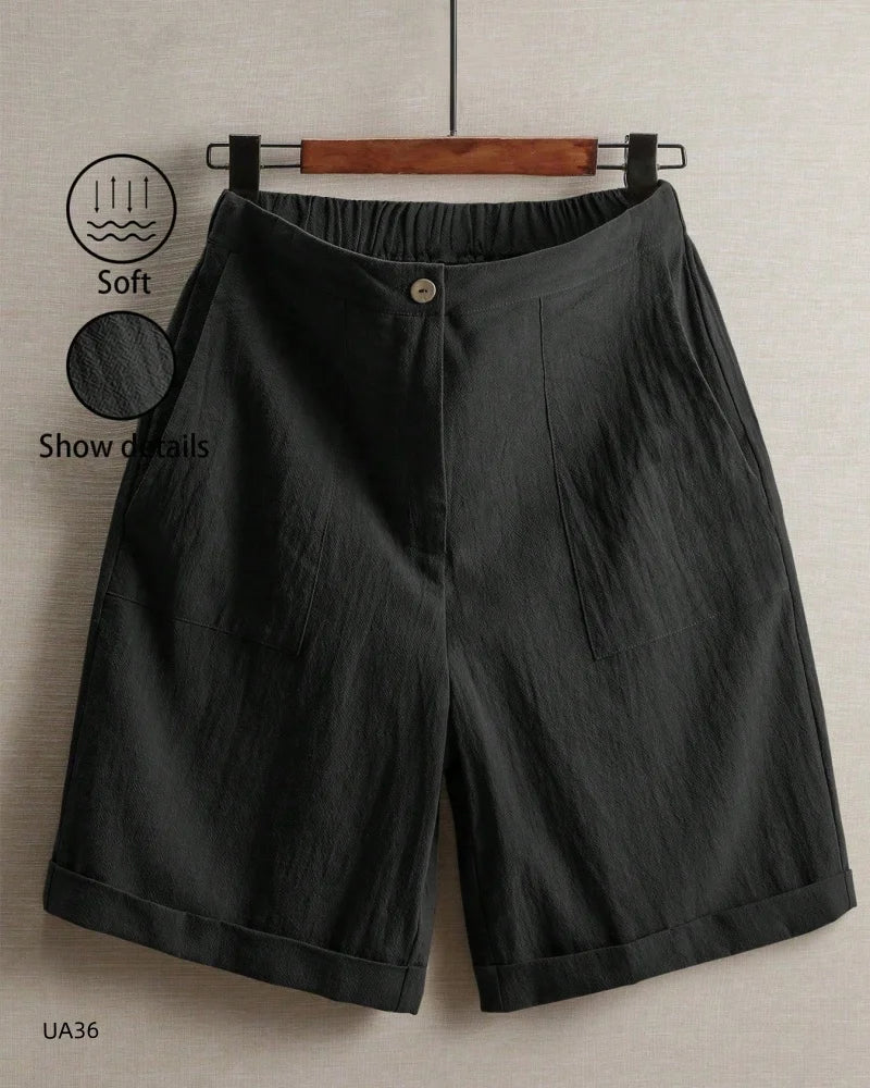 Women's High Waist Cotton Linen Blend Shorts  Elastic Waist with Pockets Summer Casual Loose Wide Leg Rolled Hem Female Pants