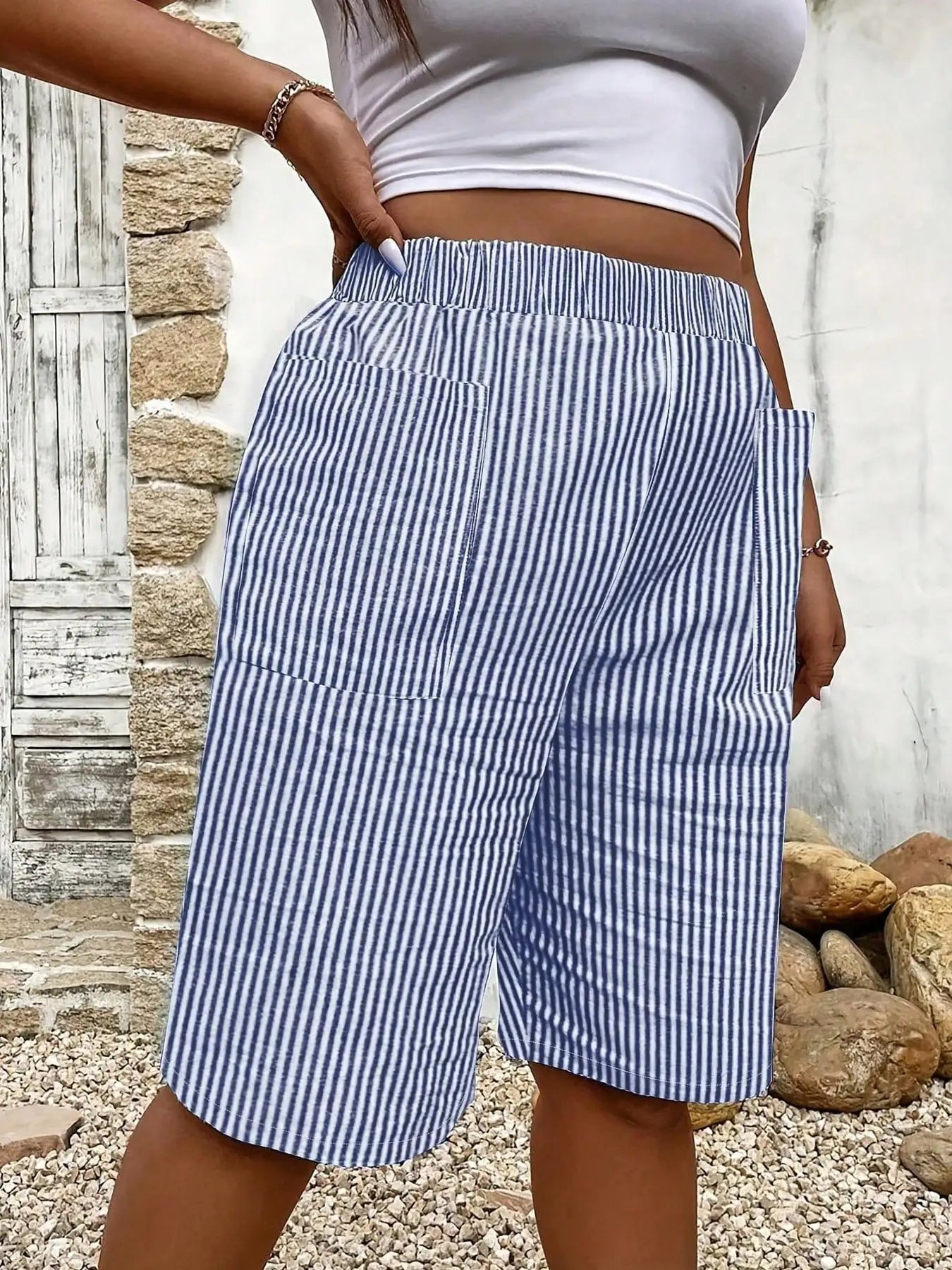 Women's Striped Print High Waist Shorts Casual Elastic Waist Pocket Shorts