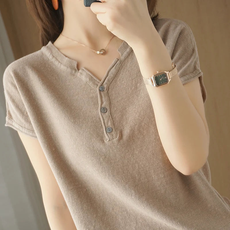 Summer 100% pure cotton women's T-shirt V-neck knitted short sleeved loose Tees solid color pullover button Tops basic versatile