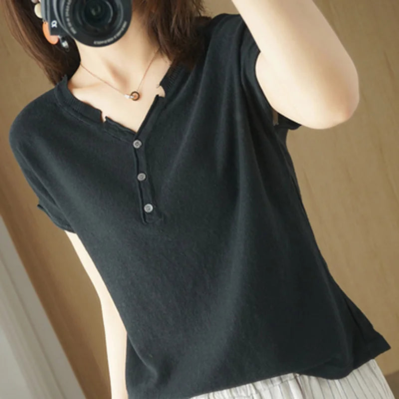 Summer 100% pure cotton women's T-shirt V-neck knitted short sleeved loose Tees solid color pullover button Tops basic versatile