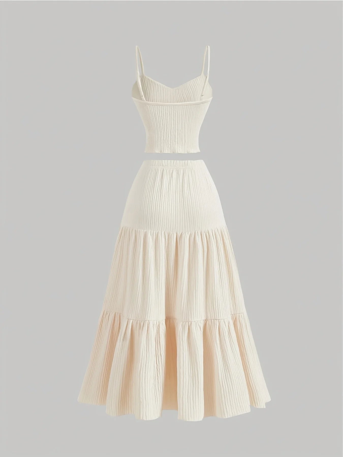 Plus Size Women's Beige Ribbed Cami Top + Tiered Maxi Skirt 2-Piece Set - Elegant Casual Party Style (0XL-4XL)