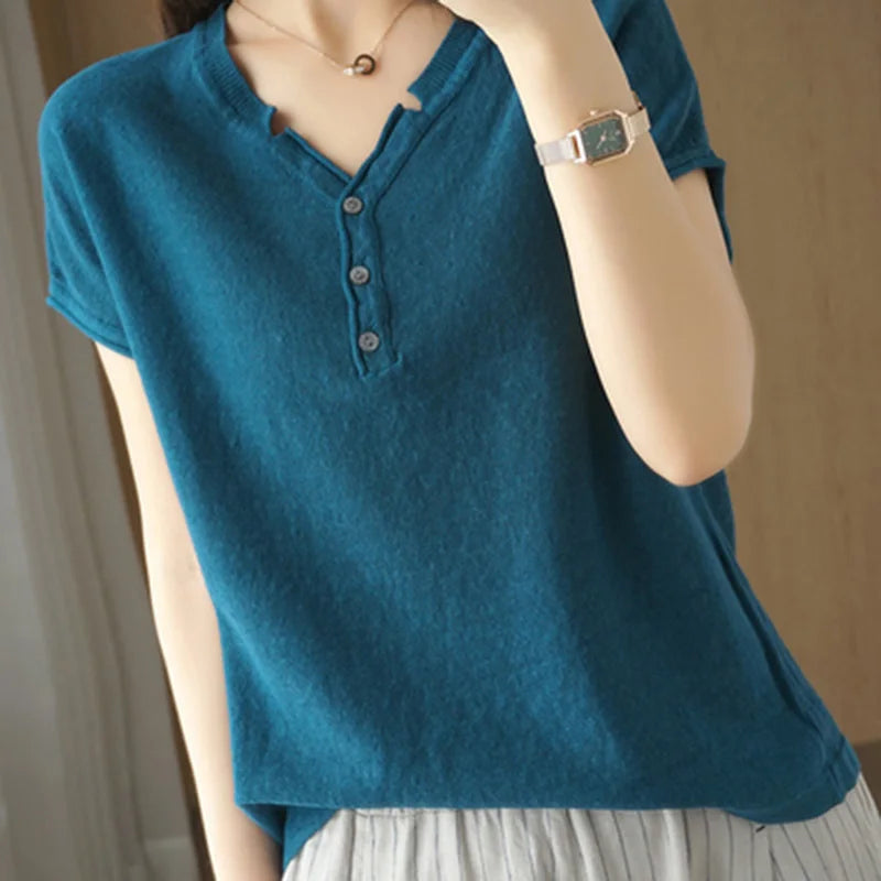 Summer 100% pure cotton women's T-shirt V-neck knitted short sleeved loose Tees solid color pullover button Tops basic versatile