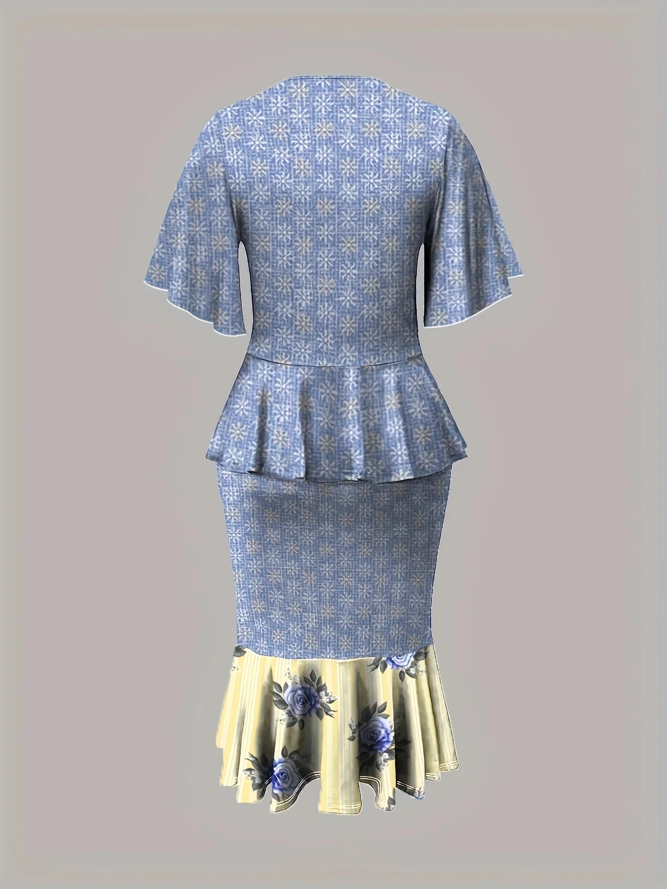 Plus Size Women's Blue Patterned Ruffle Sleeve Top + Floral Mermaid Skirt 2-Piece Set - Retro Casual Party Style (0XL-4XL)