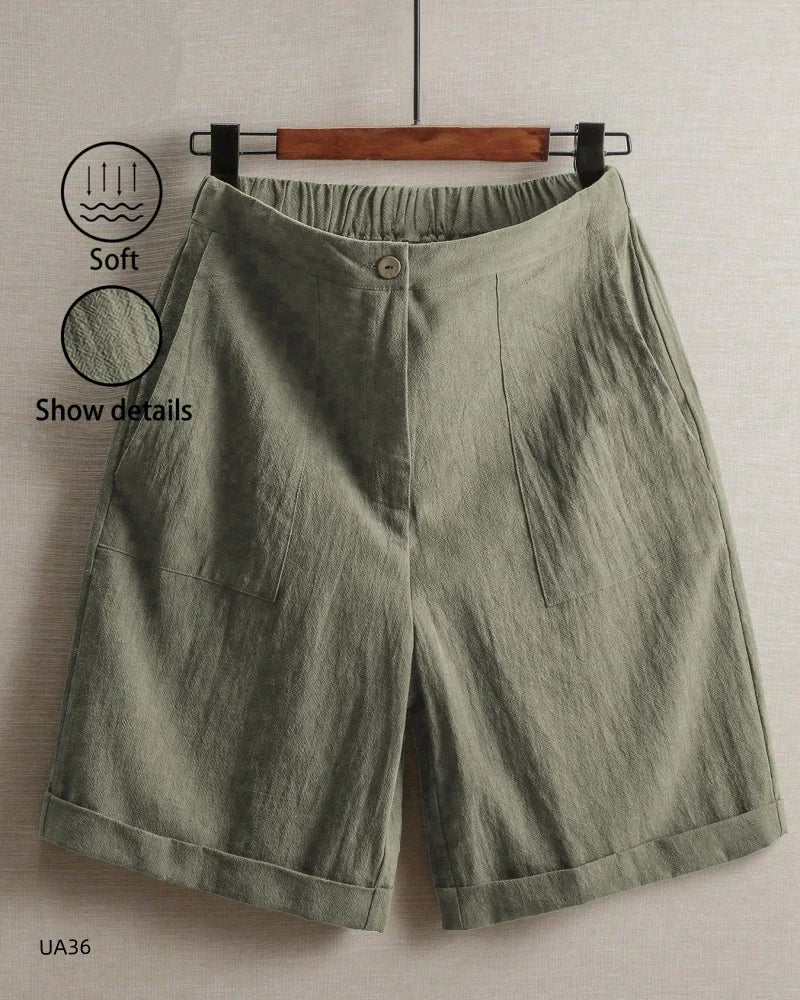 Women's High Waist Cotton Linen Blend Shorts  Elastic Waist with Pockets Summer Casual Loose Wide Leg Rolled Hem Female Pants