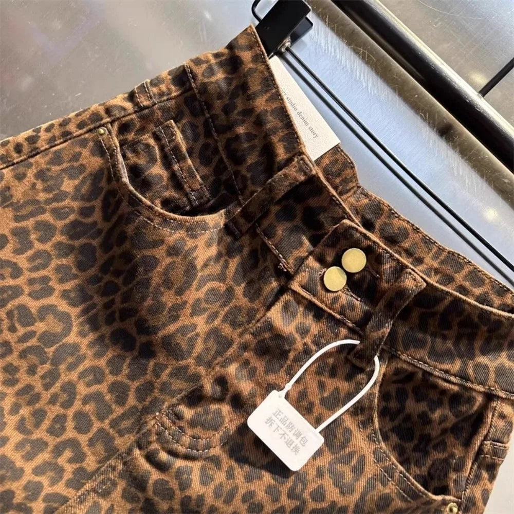 2025 Leopard Print High Waist Denim Shorts Women's New Irregular Fashion Wide-leg Booty Jeans Mini Shorts Summer Streetwear