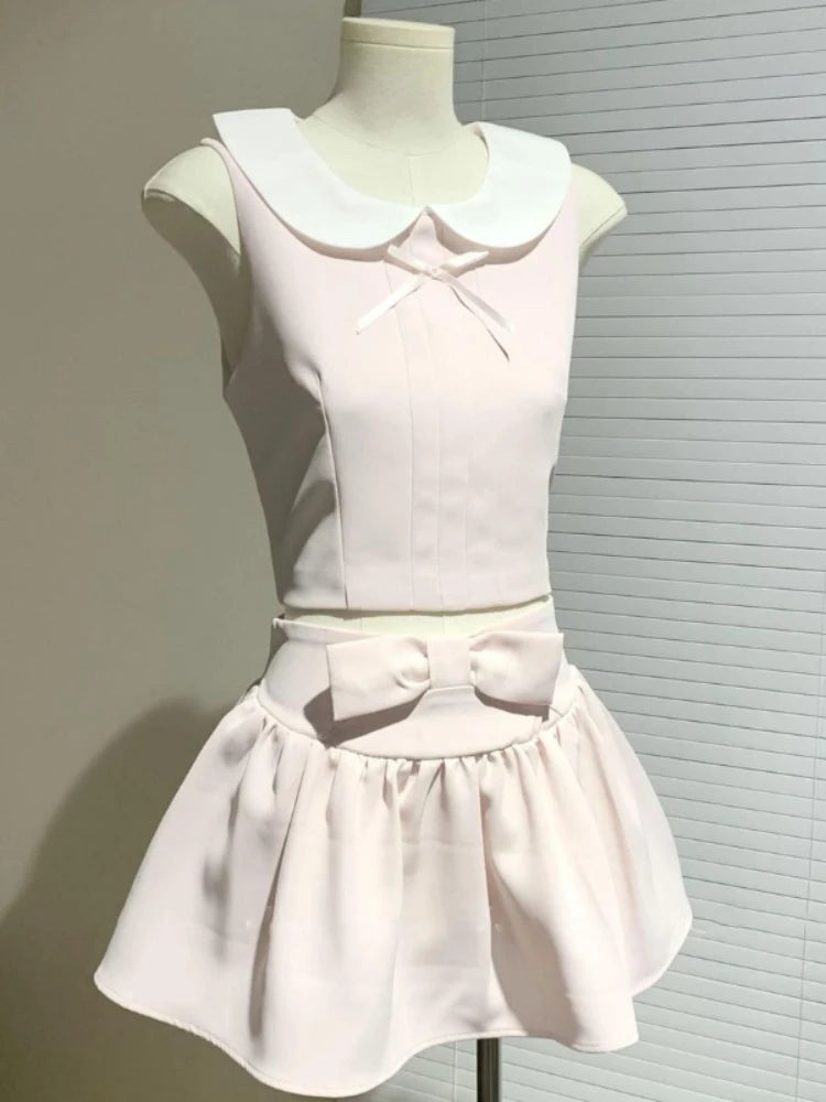 Korean Fashion Doll Collar Sleeveless Tow-piece Set Women's Japanese Sweet New Hot Girl Harajuku Preppy Style Short Skirt Suit