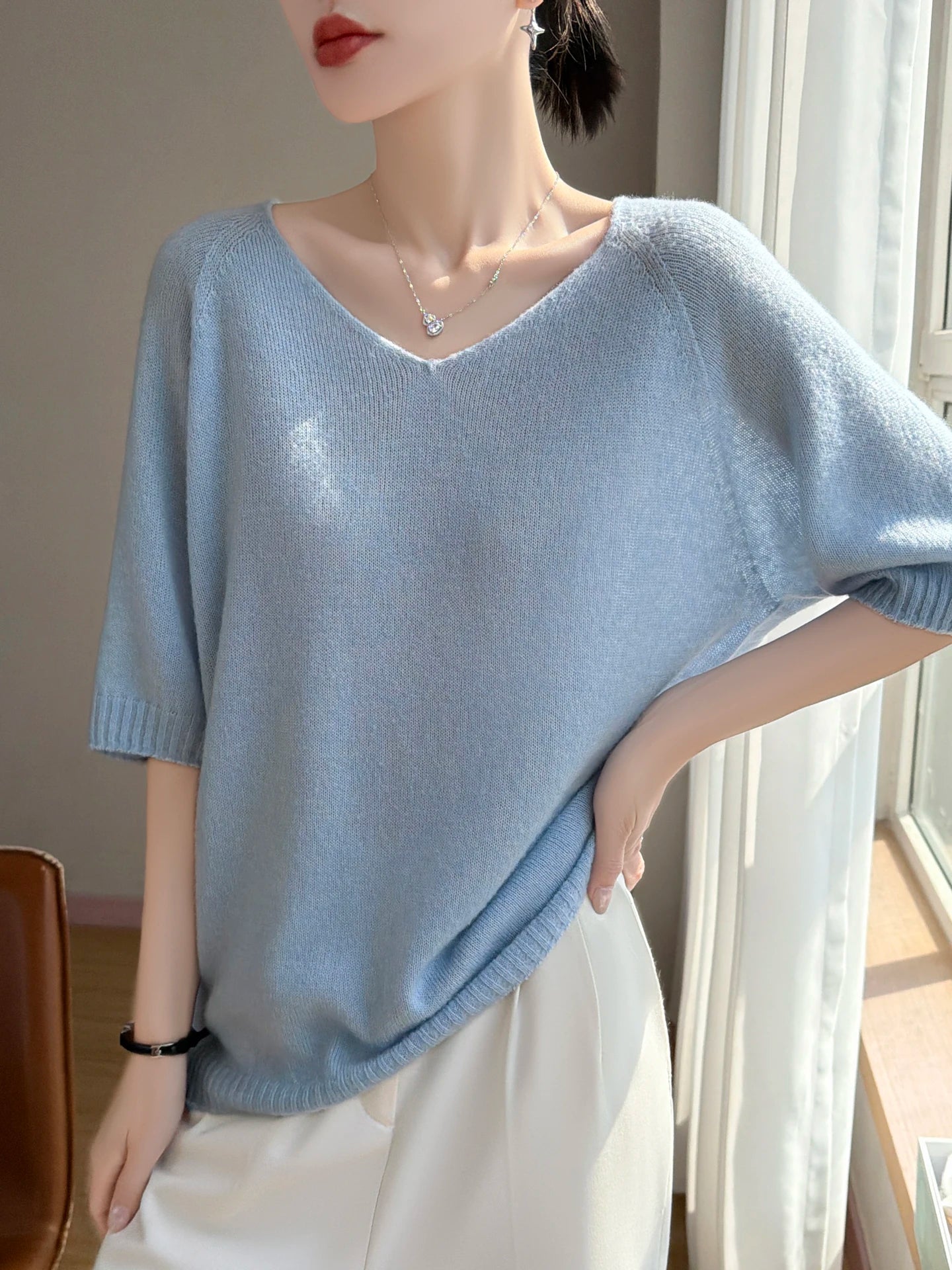 Basic Spring Summer Women's T-Shirts Wool Blend Female Knitwear Loose Pullover Cozy Blouse Half Sleeve Clothing Plus Size Tops