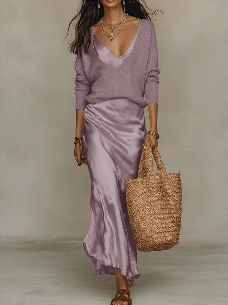 Spring Summer New Solid Color Satin Suspender Skirt And Knitted Top 2-piece Elegant Women's Slim Commuting Long Dress Set 2026