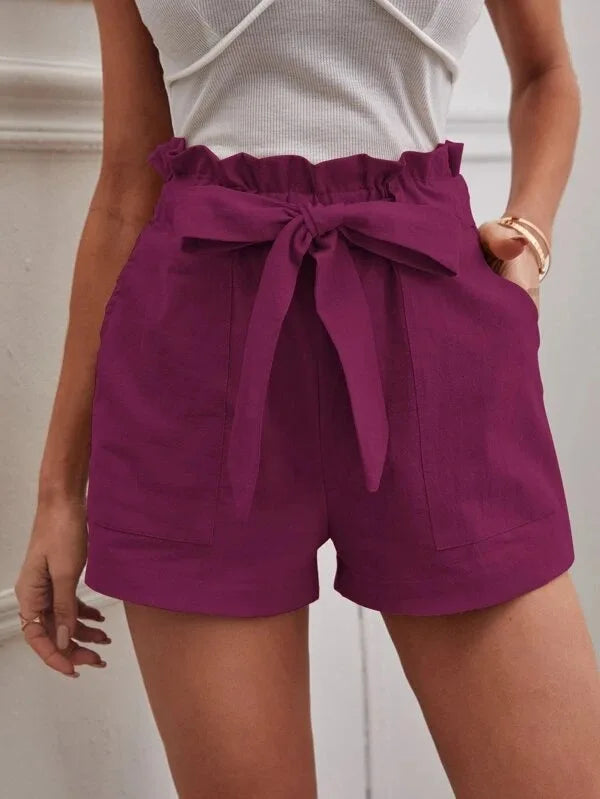 New Spring and Summer Bow Tie Band Loose Women's Casual Shorts with Pockets, Solid Color High Waist Wide Leg Three-Quarter Pants