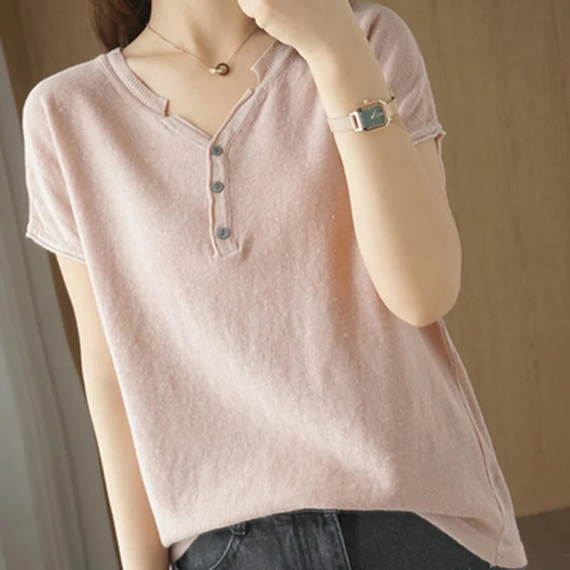 Summer 100% pure cotton women's T-shirt V-neck knitted short sleeved loose Tees solid color pullover button Tops basic versatile