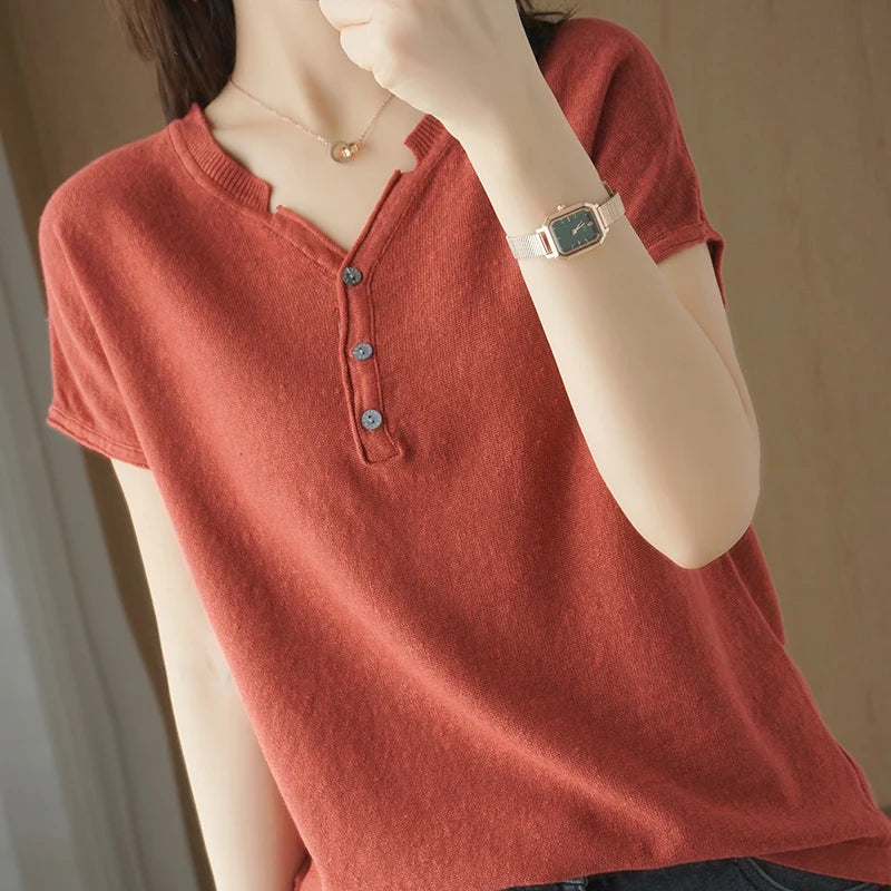 Summer 100% pure cotton women's T-shirt V-neck knitted short sleeved loose Tees solid color pullover button Tops basic versatile