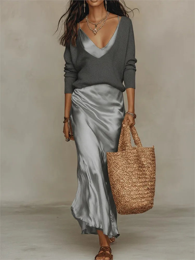 Spring Summer New Solid Color Satin Suspender Skirt And Knitted Top 2-piece Elegant Women's Slim Commuting Long Dress Set 2026