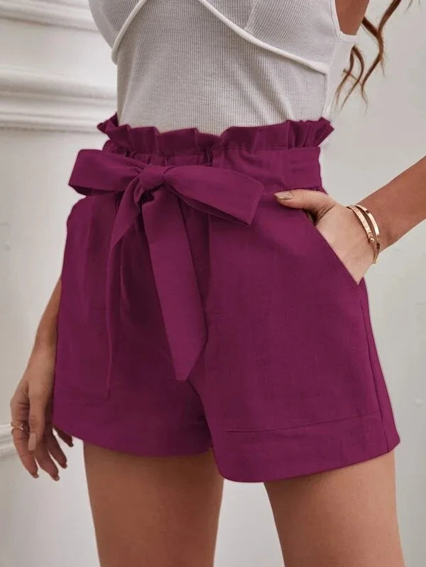 New Spring and Summer Bow Tie Band Loose Women's Casual Shorts with Pockets, Solid Color High Waist Wide Leg Three-Quarter Pants