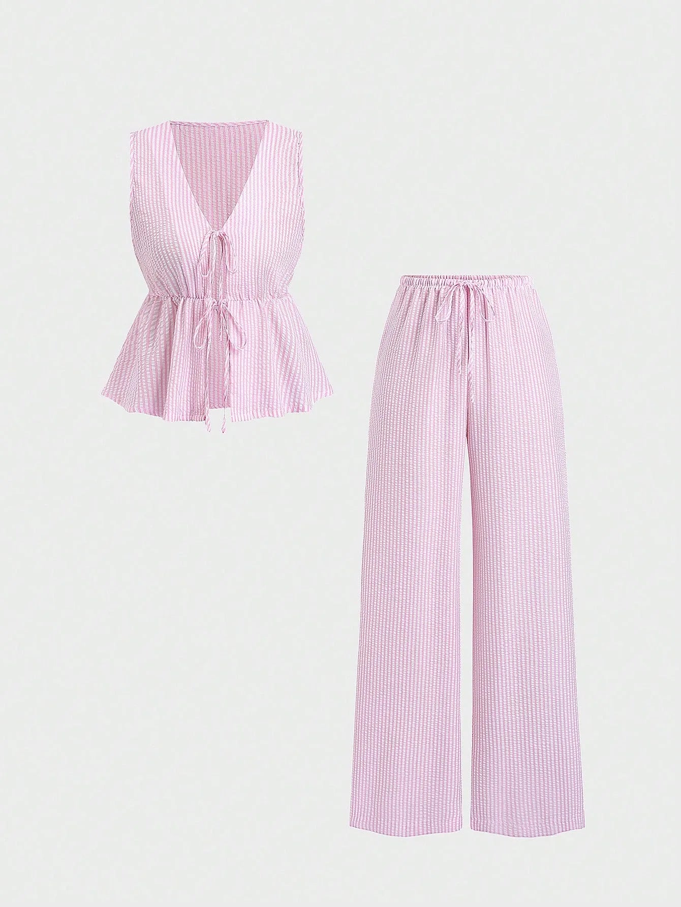 2026 Summer Two Piece Set Women Striped V Neck Lace Up Sleeveless Blouse High Waist Wide Leg Pants Suits Sweet Casual Tracksuits