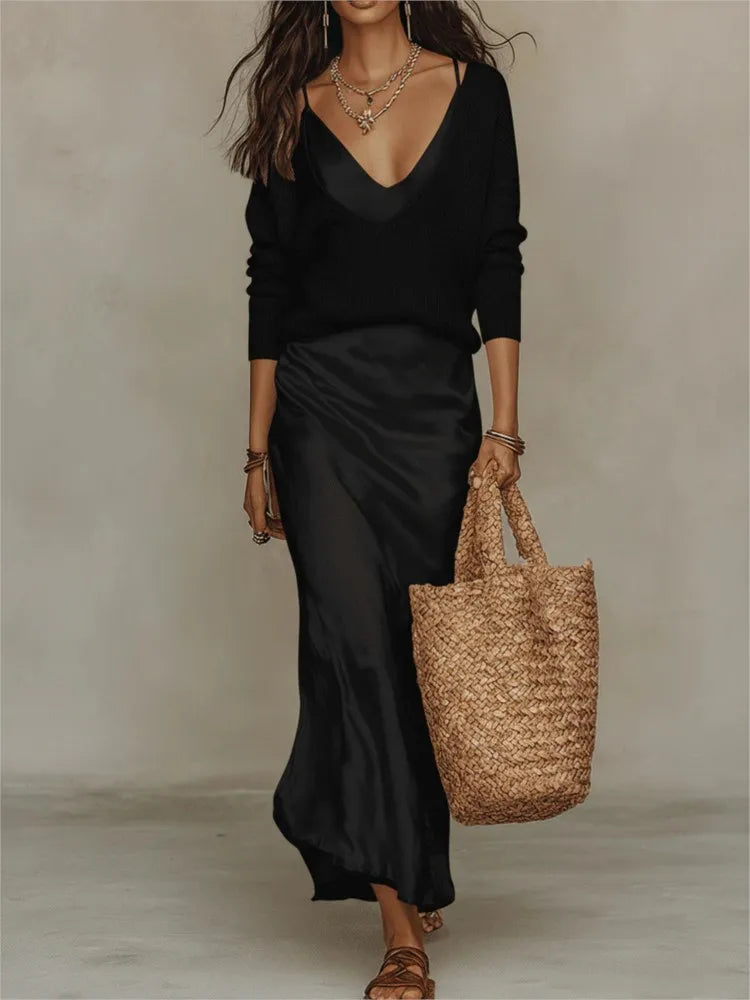 Spring Summer New Solid Color Satin Suspender Skirt And Knitted Top 2-piece Elegant Women's Slim Commuting Long Dress Set 2026