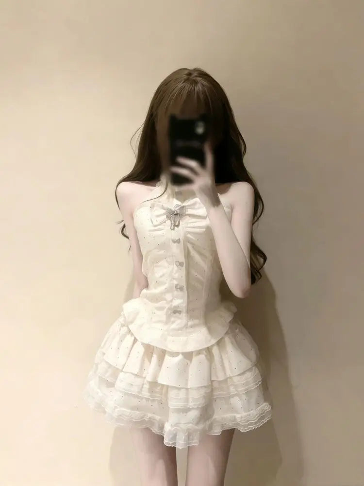 Japanese Fashion Y2k Elegant 2 Piece Set Women Sweet Sleeveless Tops + Mini Skirts Vintage Casual Outwear Korean Popular Clothes