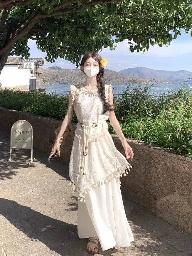 Cutout Tassel Two Piece Set for Women 2026 Summer New Arrival Spaghetti Strap Cami Top High Waist Party Midi Skirt Casual Trendy