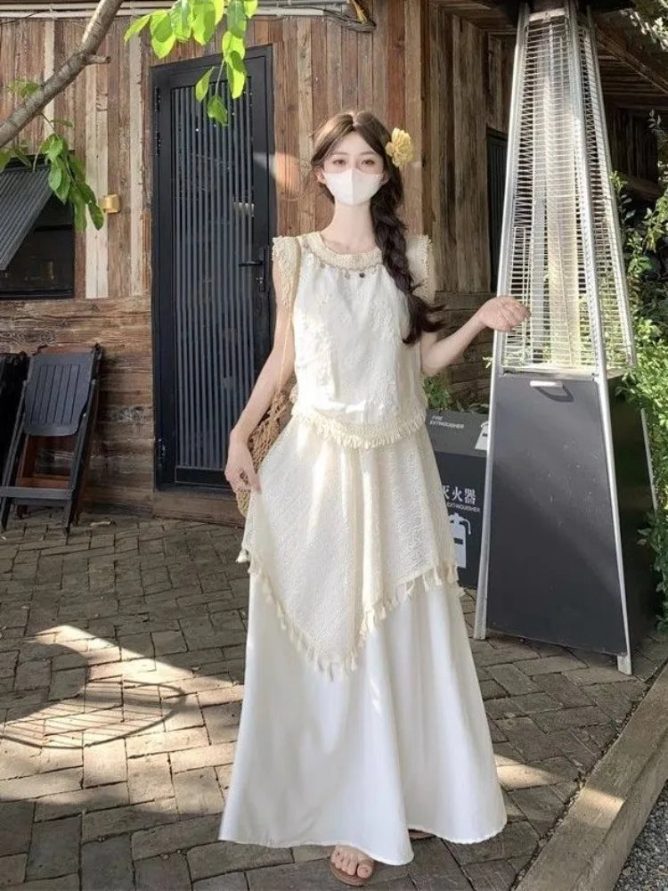 Cutout Tassel Two Piece Set for Women 2026 Summer New Arrival Spaghetti Strap Cami Top High Waist Party Midi Skirt Casual Trendy