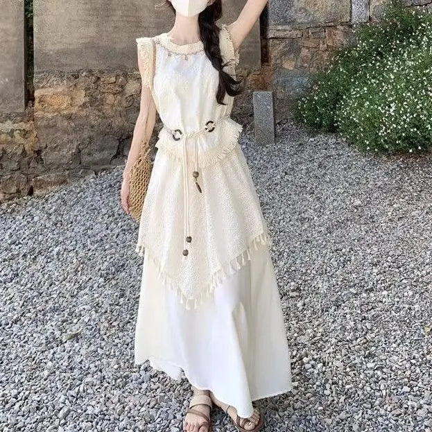 Cutout Tassel Two Piece Set for Women 2026 Summer New Arrival Spaghetti Strap Cami Top High Waist Party Midi Skirt Casual Trendy