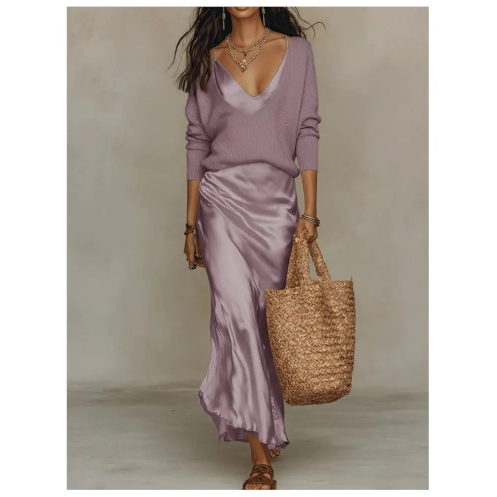 Spring Summer New Solid Color Satin Suspender Skirt And Knitted Top 2-piece Elegant Women's Slim Commuting Long Dress Set 2026