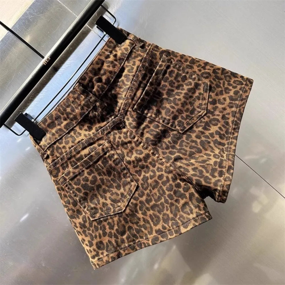 2025 Leopard Print High Waist Denim Shorts Women's New Irregular Fashion Wide-leg Booty Jeans Mini Shorts Summer Streetwear
