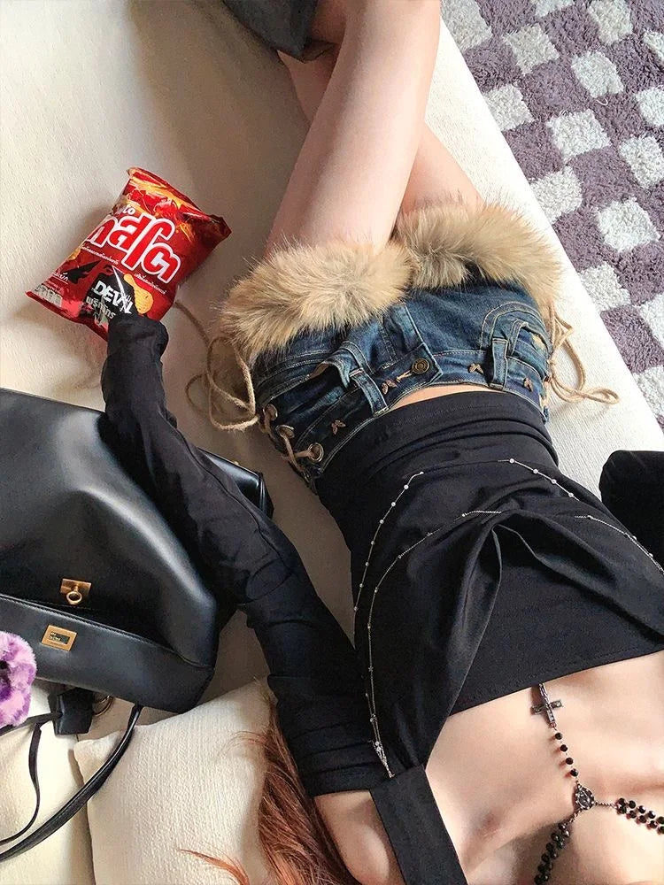 Y2k Low-rise Shorts Jeans Strap Slim Hot Pants Winter New Women's Retro Design Fluffy Splicing Jeans Shorts